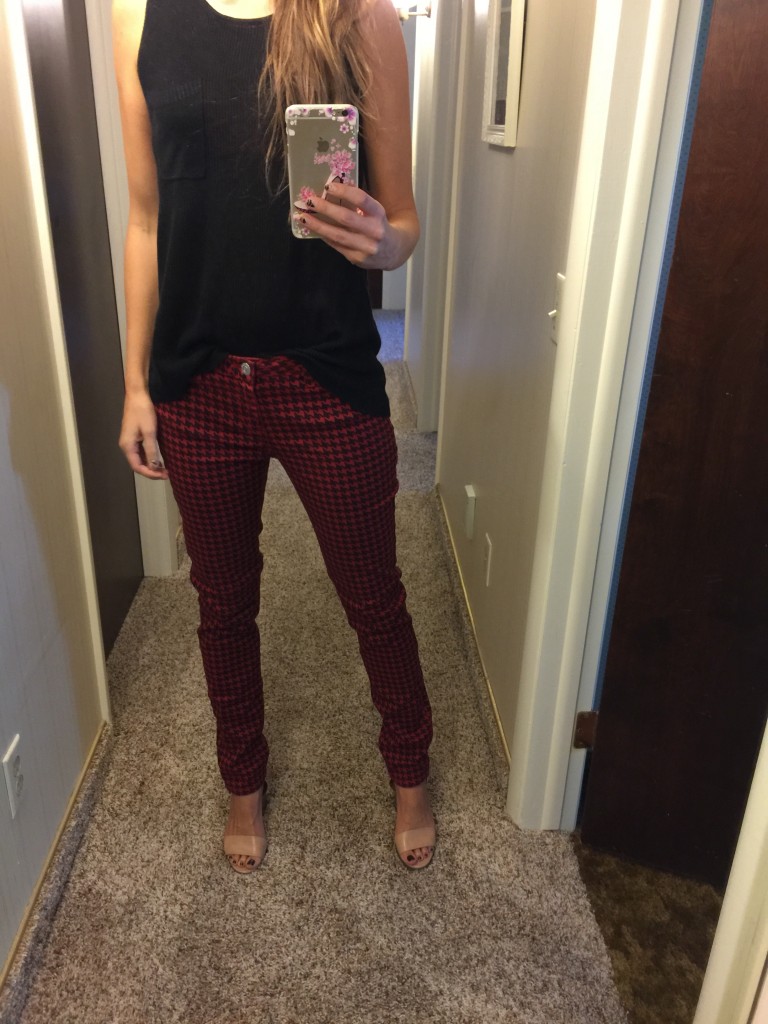 red and black check jeans