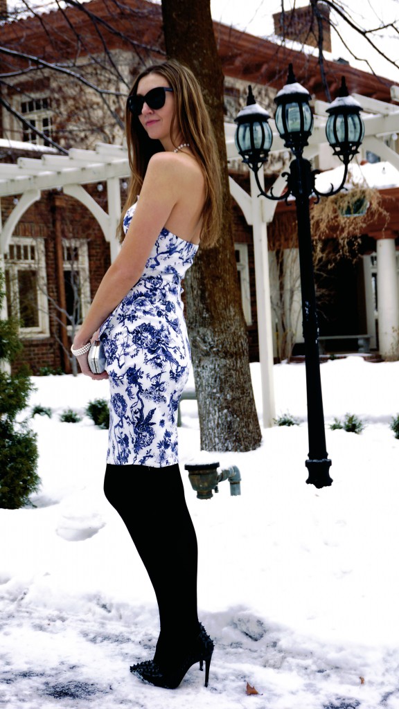 ACEVOG rockability bodycon blue and white floral dress 