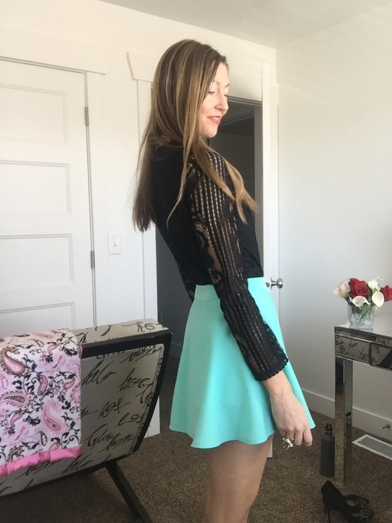 cute black bodysuit and mint skater skirt