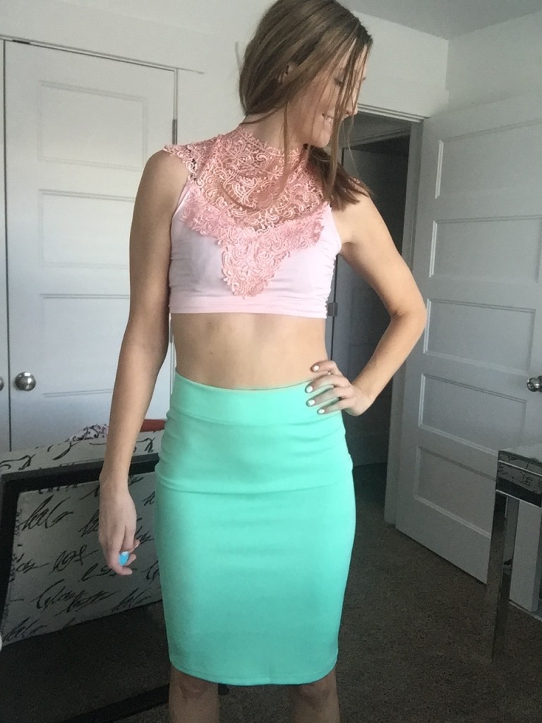 pink bustier crop top and mint pencil skirt