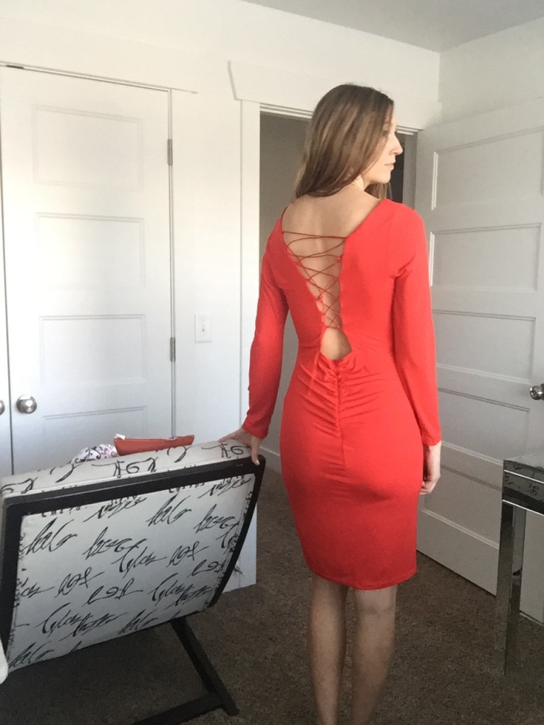 red dress with lace up back detail