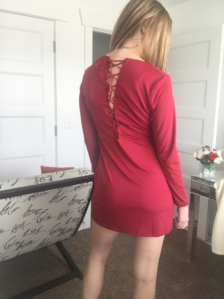 red lace back v neck dress