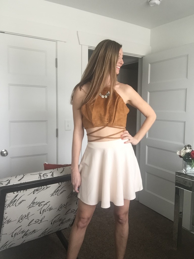 Suede crop top and beige pencil skirt 