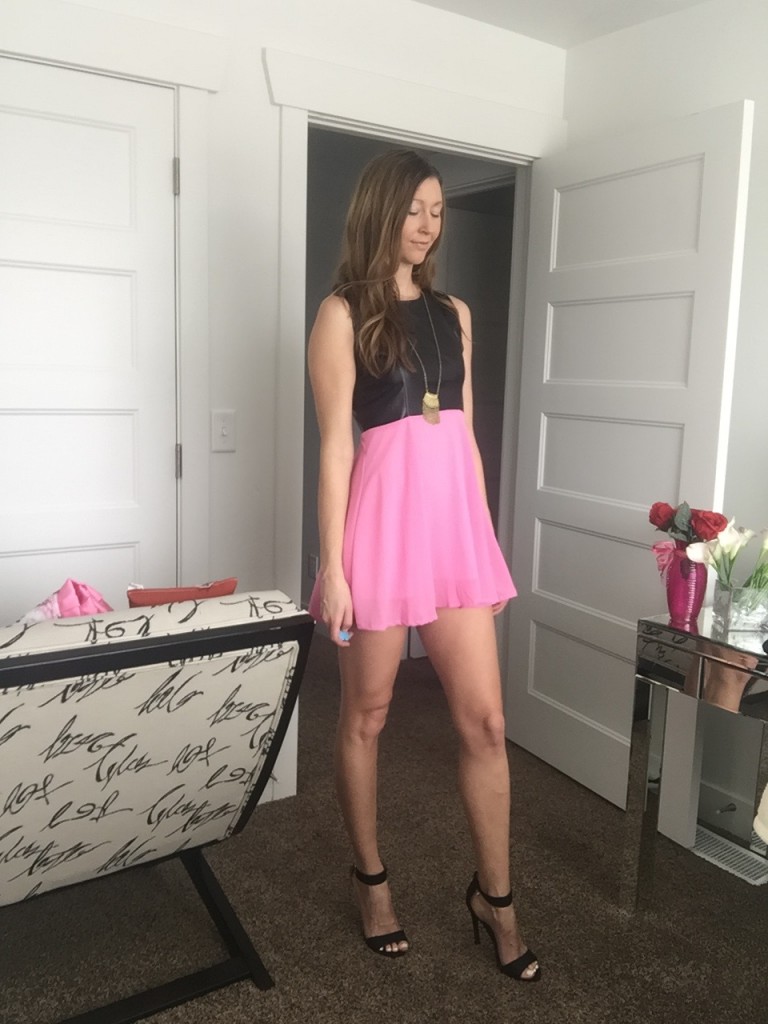 pink and black vegan leather dress 