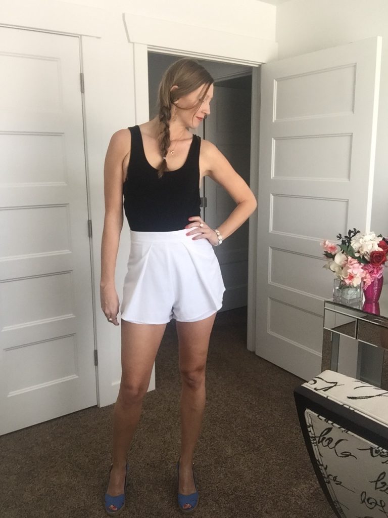 sexy tank bodysuit and pleated white shorts 