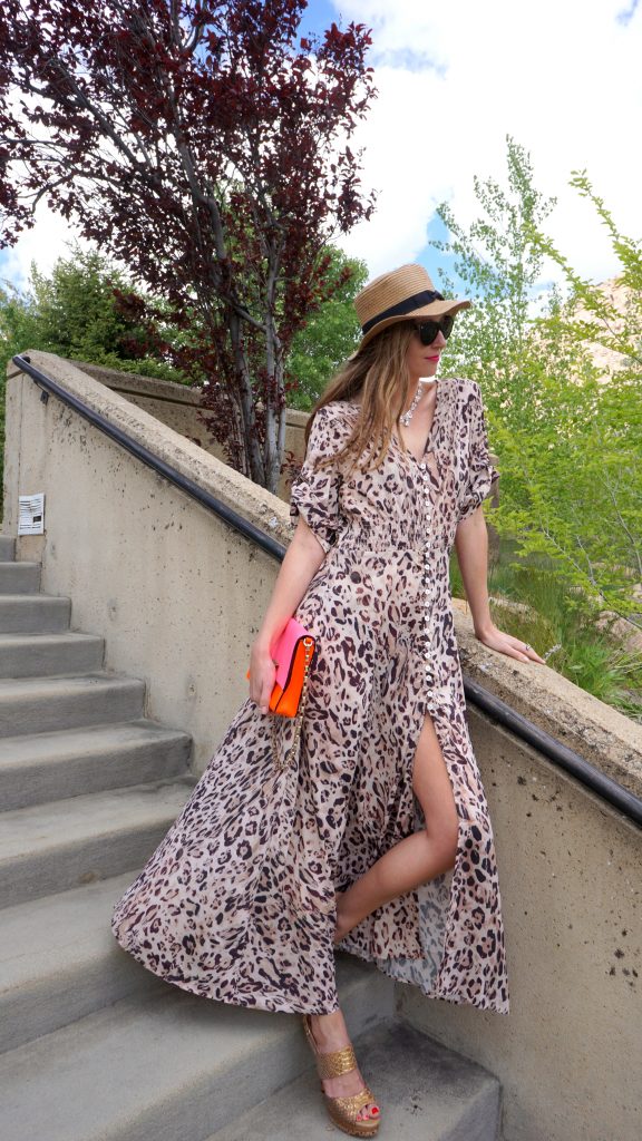 leopard print maxi dress and fedora hat
