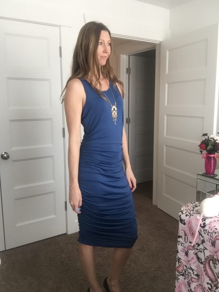 pretty blue rushed over the knee dress 