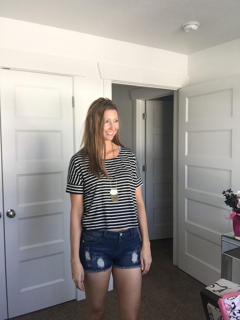 striped shirt and distressed denim shorts 