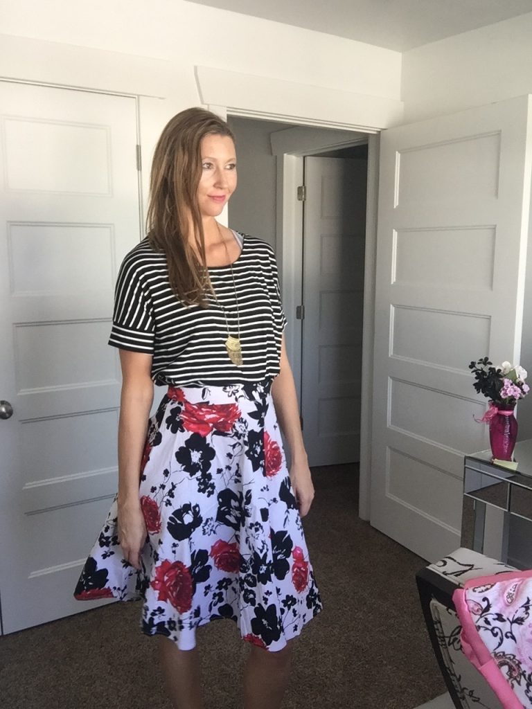 floral skirt and striped shirt 