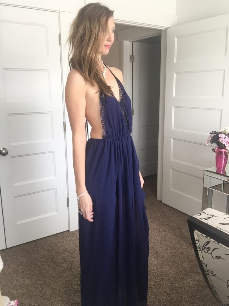 blue low cut maxi dress