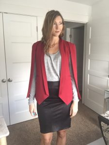 Red Cape Blazer, Gray Shirt, and Black Pencil Skirt