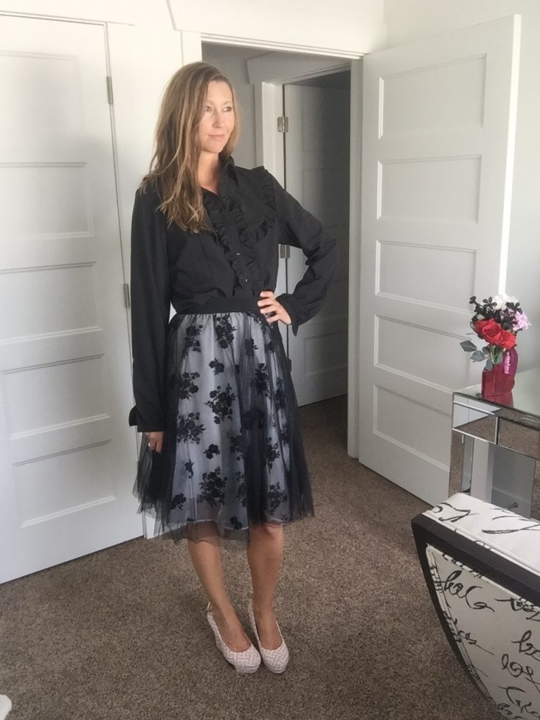Black Button Down and Floral Overlay Skirt