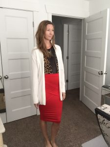 white cardigan, leopard print bodysuit and red pencil skirt 