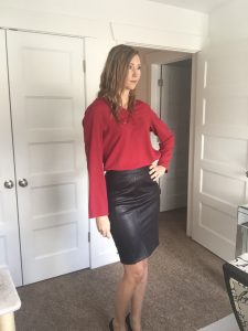Black Faux Leather Pencil Skirt and Red Chiffon Blouse