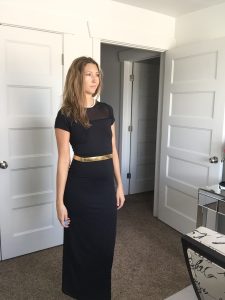 Black Sleeved Long Sheath Dress with Gold Belt