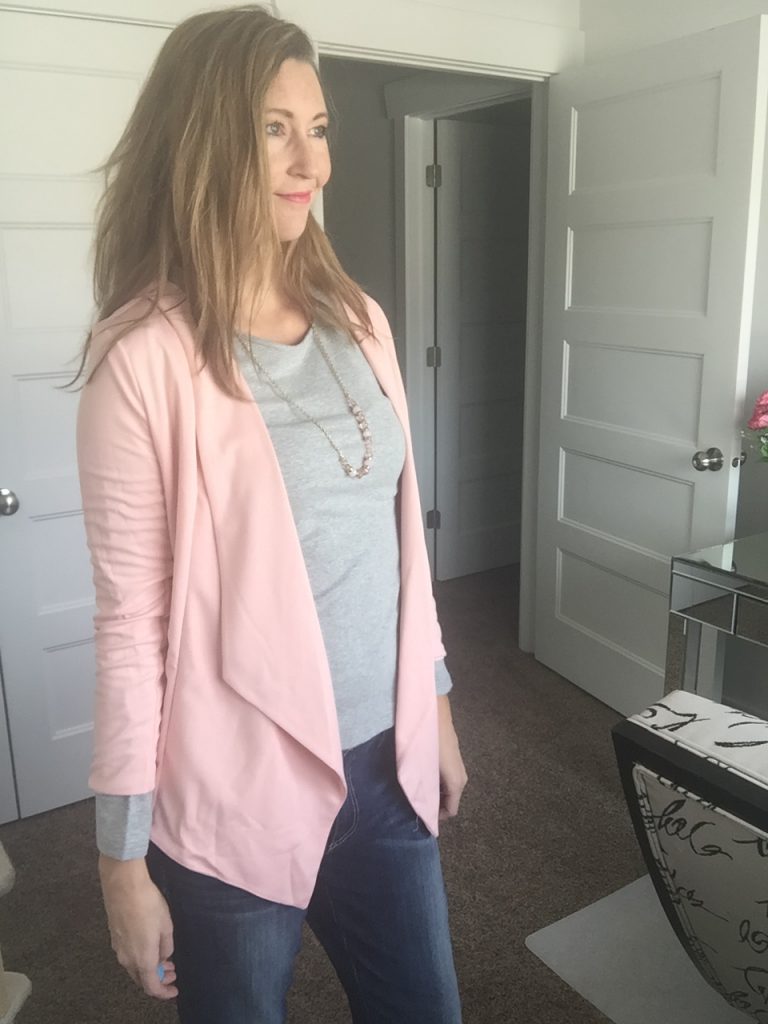 Pastel Pink Blazer, Gray long sleeve tee, and jeans 