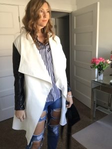 White coat with Black Sleeves, Striped shirt, and Distressed Denim