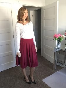 White Sweater and Burgundy Circle Skirt