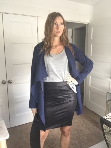 Blue Trench, Black Faux Leather pencil Skirt, and Gray T Shirt