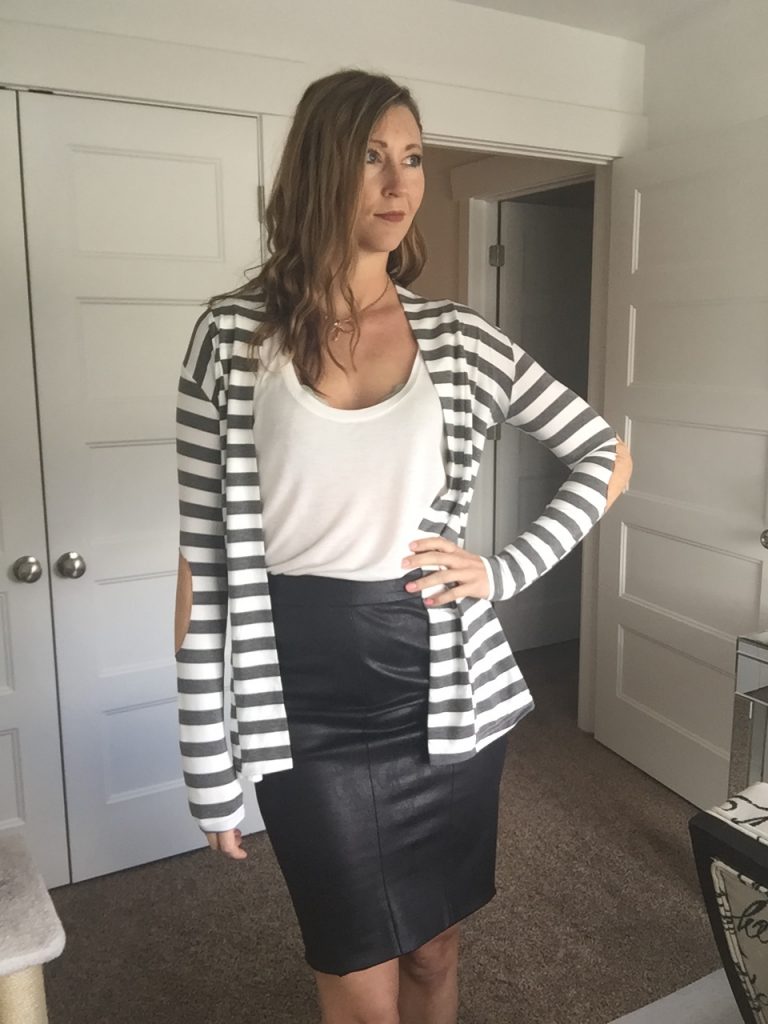 striped blazer cardigan, white tee, and black faux leather skirt