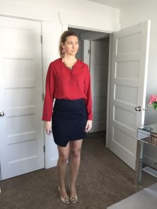 Red Blouse, Navy Skirt, Statement Necklace, and Nude Heels