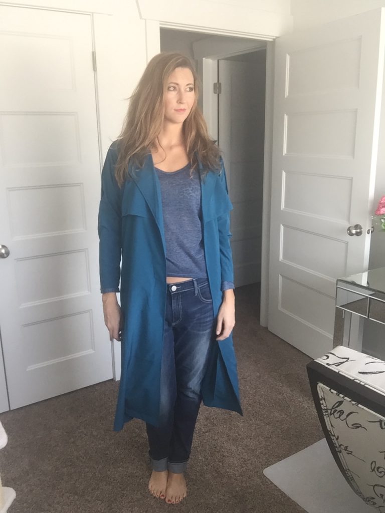 Blue Trench, Blue Sweater, and Jeans