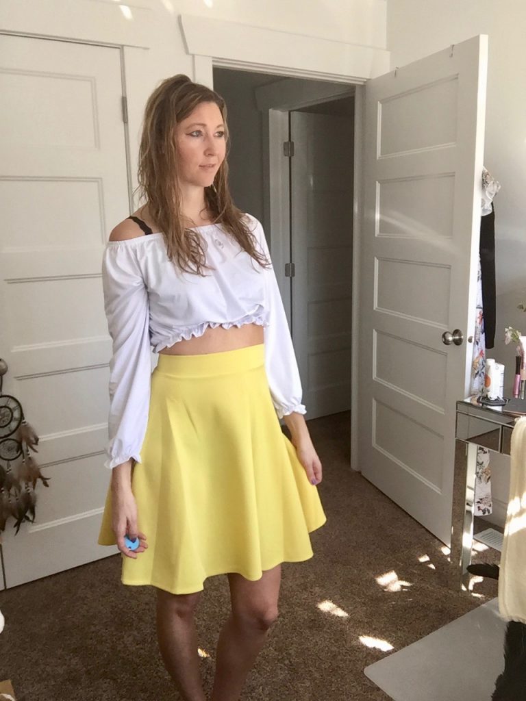 Yellow Circle Skirt and white off the shoulder crop top