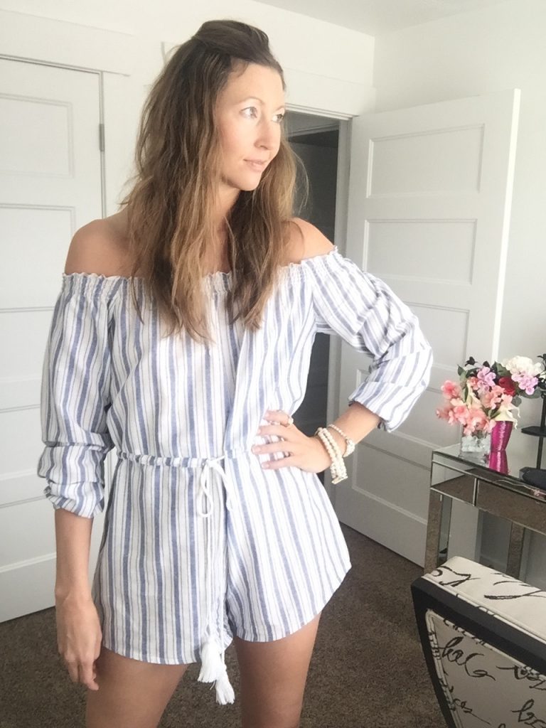 Blue and White Striped Off-the-shoulder 3/4 sleeve Romper