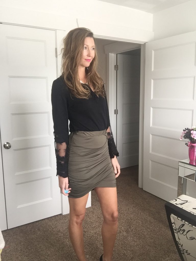 Black Lace Sleeve Top and Olive Stretch Mini Skirt