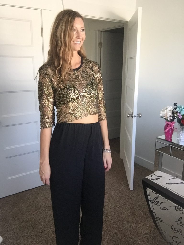 Black Trousers and Gold Applique 3/4 Sleeve Crop Top 