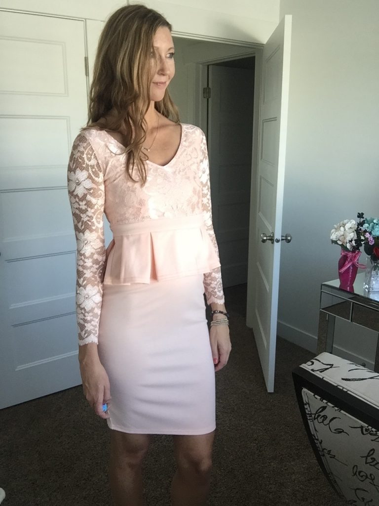 Pink Lace Sleeve Peplum Dress
