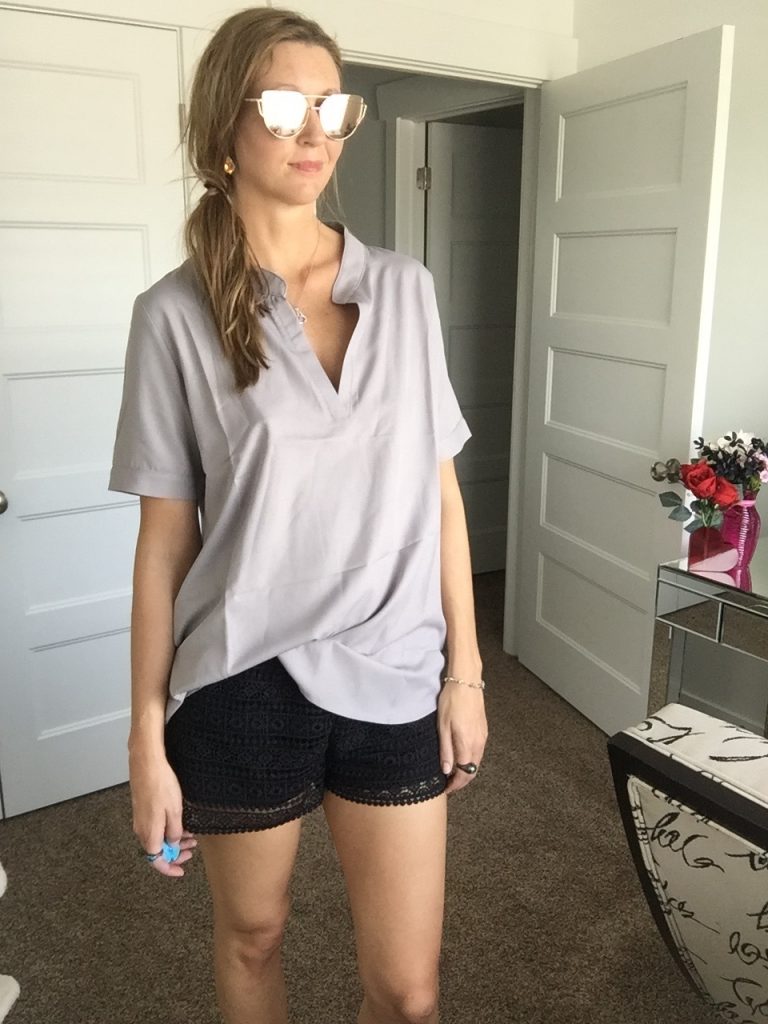 Gray Blouse, Black Lace Shorts & Mirrored Sunnies