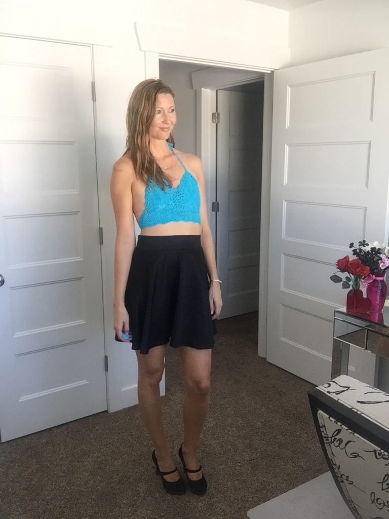 Blue Crochet halter crop top and black skater skirt