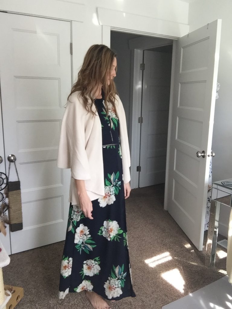 Beige Cardigan Sweater and Floral Maxi Dress