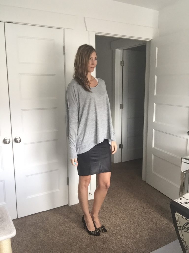 Loose Gray Sweater and Black Faux Leather Pencil Skirt