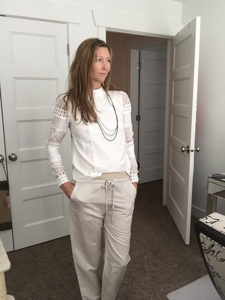 White Lace Top and Khaki Drawstring Pant