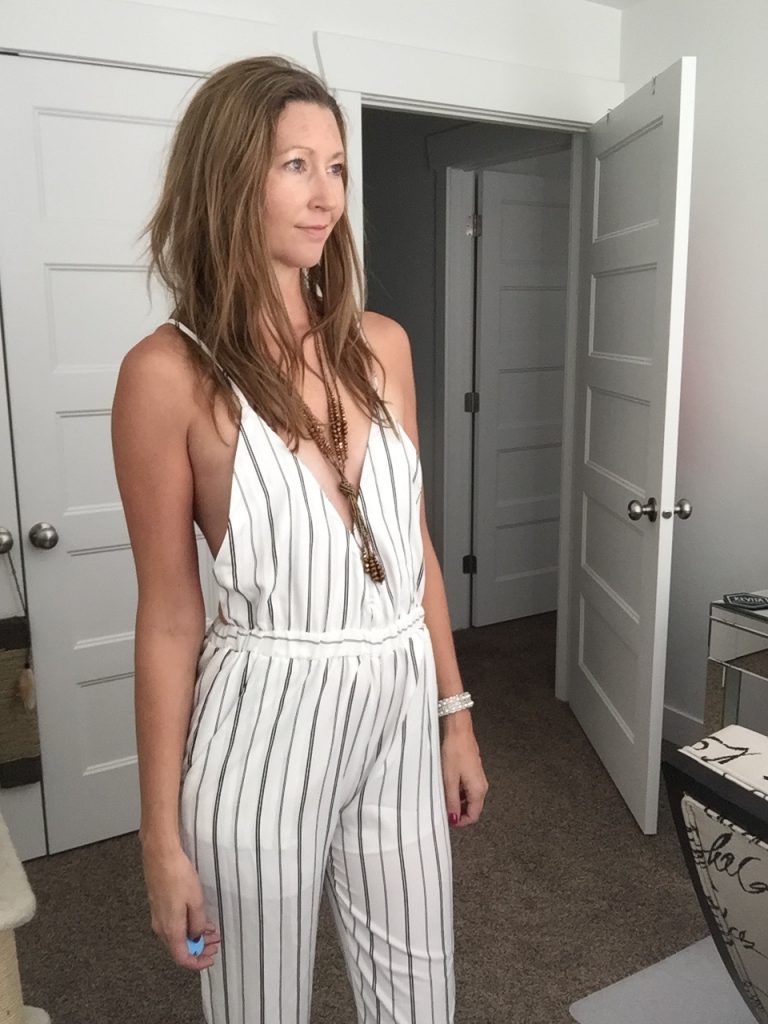 Sexy Striped White Low Cut Jumpsuit