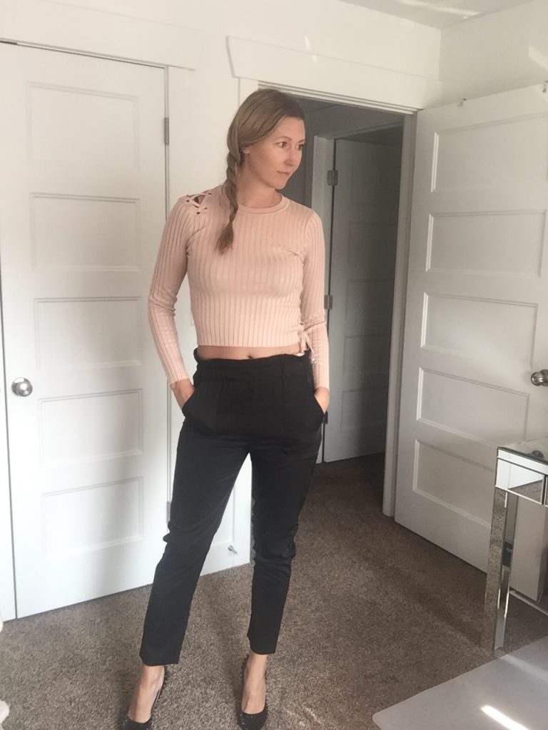 Beige Crop Top Sweater and Black Crop Trousers