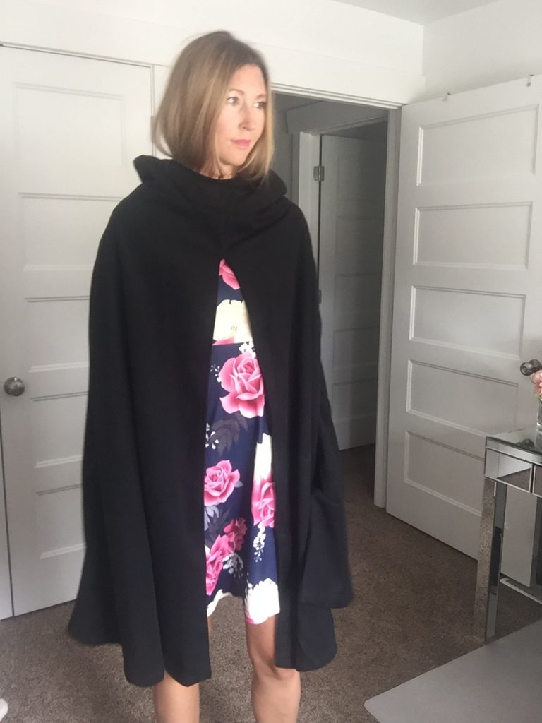 Chic floral Dress and Black hooded cape coat