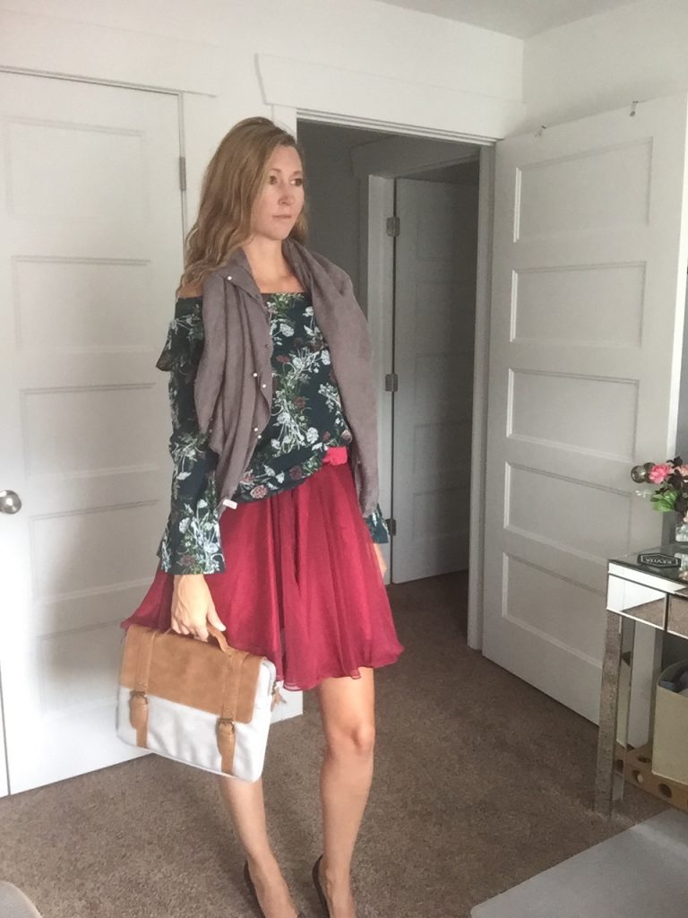 Green Floral Top, Red Circle Skirt, Scarf, and Laptop Case