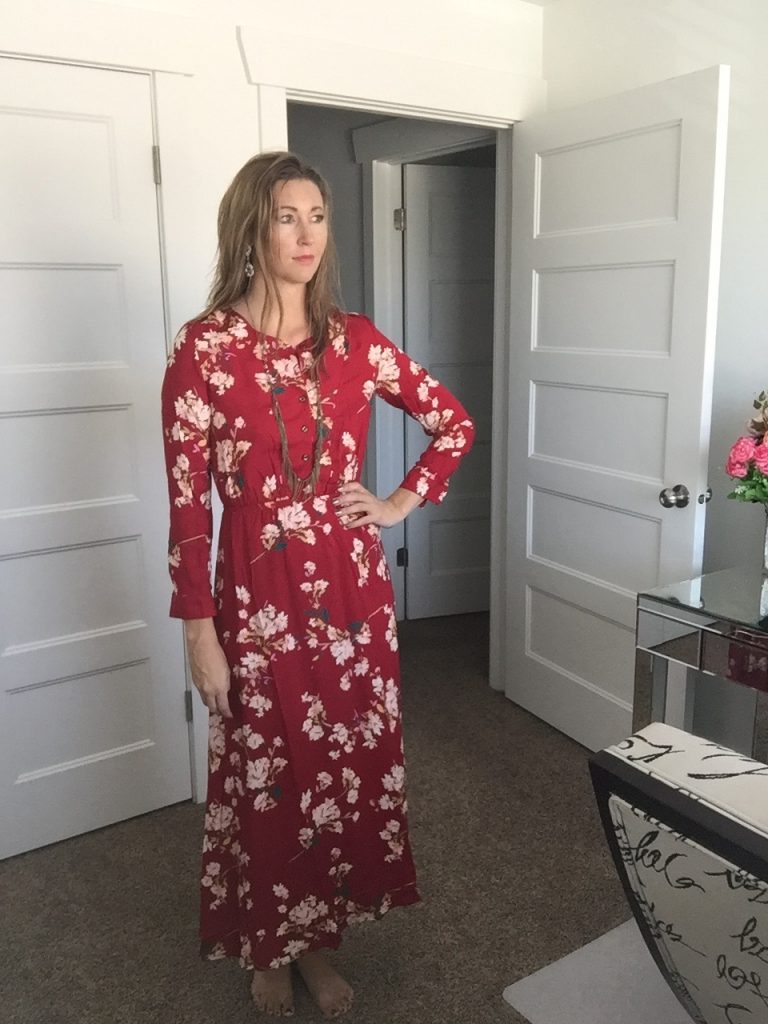 Chic Red Long Sleeve Floral Maxi Dress