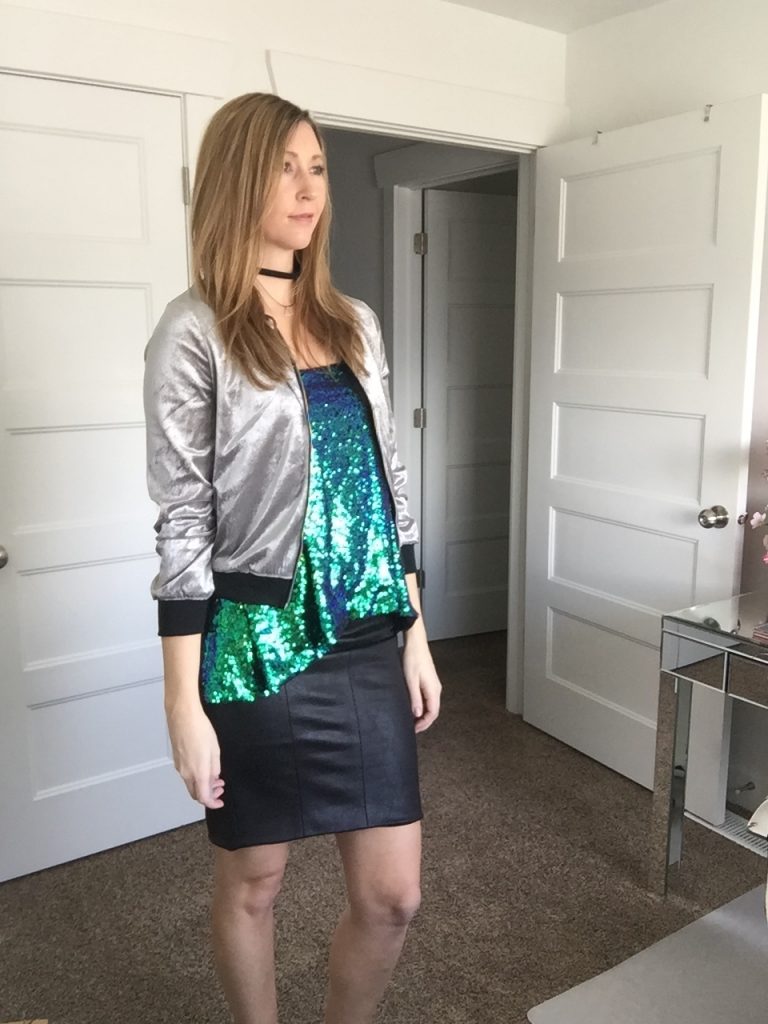 Sequin Cami, Faux Leather Pencil Skirt, and Gray Bomber Jacket
