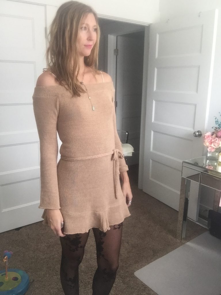 Khaki off the shoulder ruffle dress and floral tights 