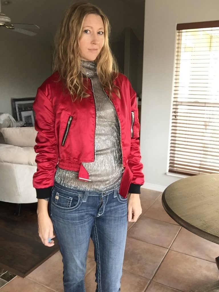 Red Bomber, Metallic, and Jeans