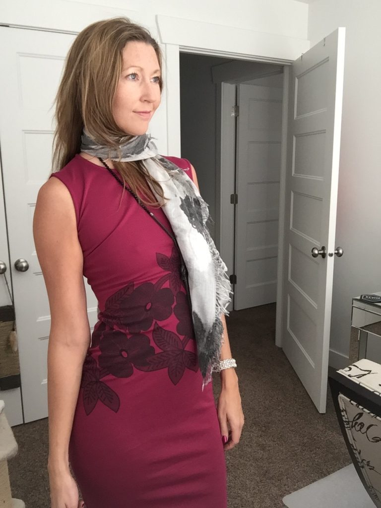 Red Floral Sheath Dress and Gray Floral Scarf