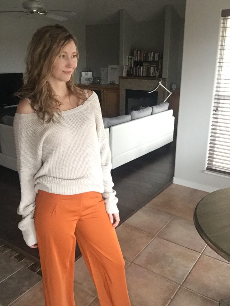 Open Back Beige Sweater $13 and Orange Trousers