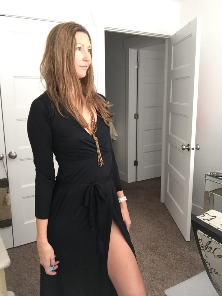 Black Long Sleeved Wrap High Slit Dress