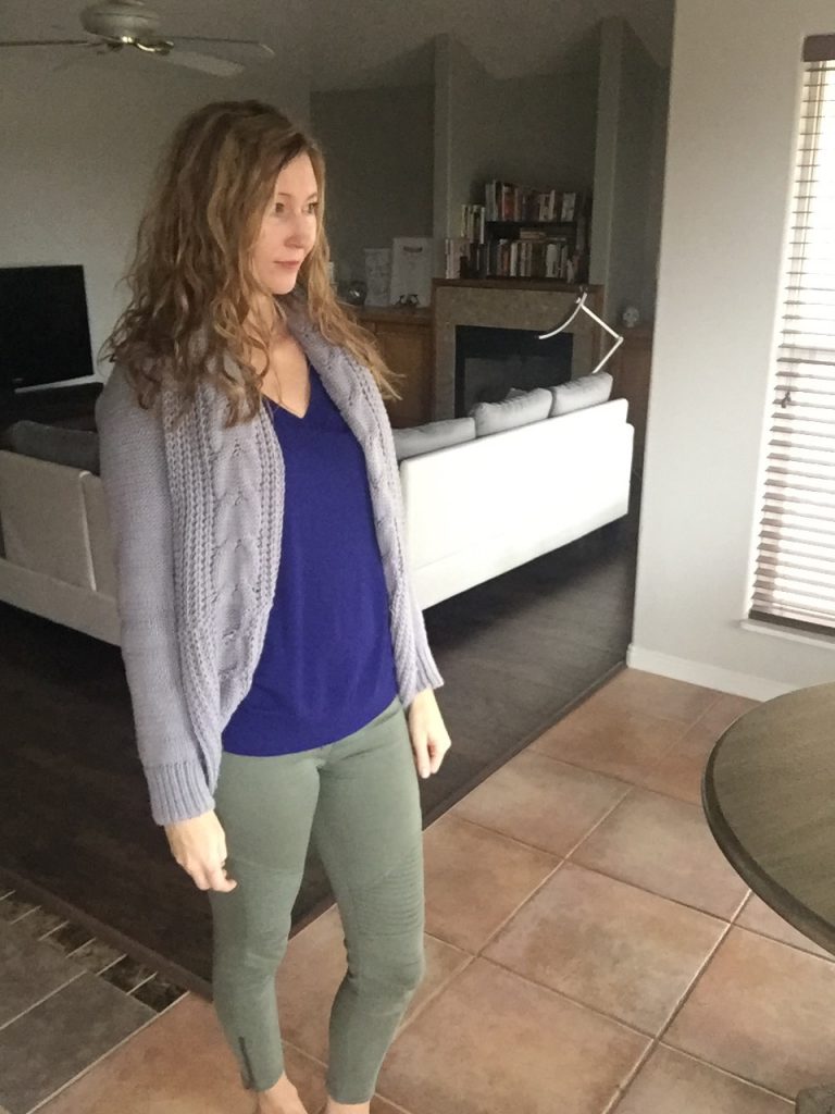 Gray Cardigan, Royal Blue Sweater & Green Skinny Jeans
