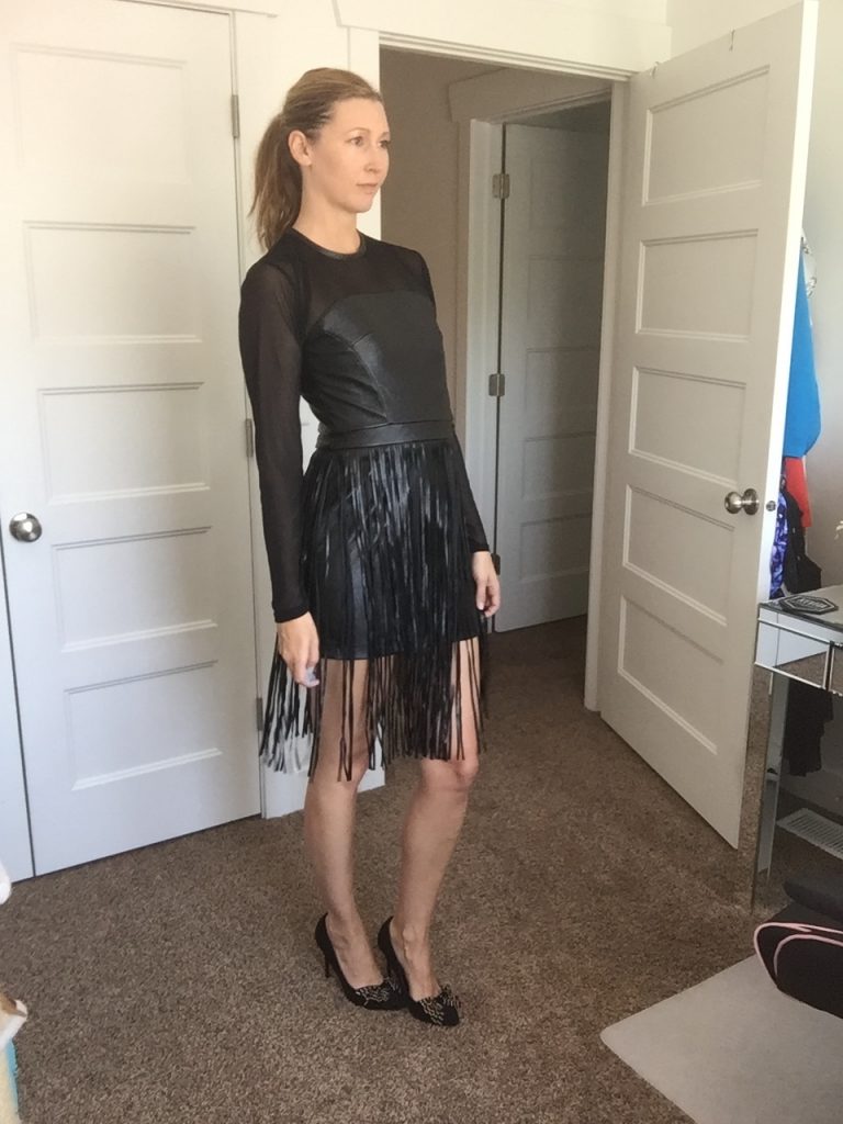 Black Faux Leather Long Sleeved Fringe Mini Dress