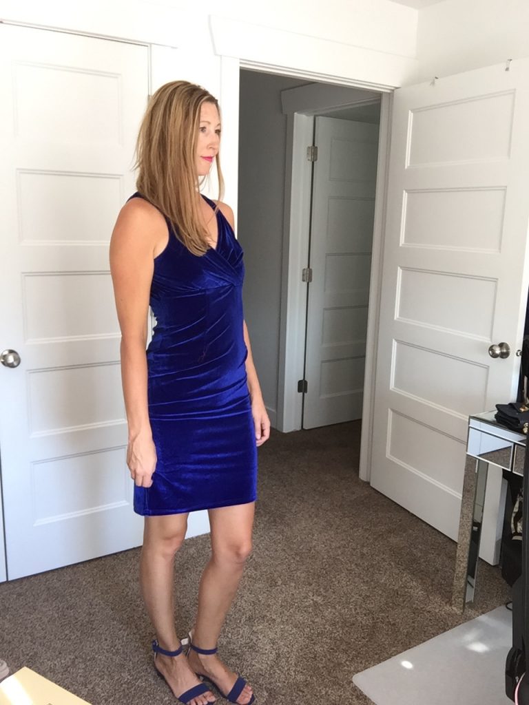 woman in Blue Velvet Sleeveless Dress